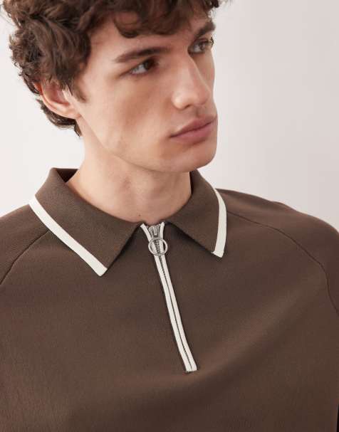 Polo marrón holgado con media cremallera de punto compacto de ASOS COLLECTIVE (parte de un conjunto) - view 1
