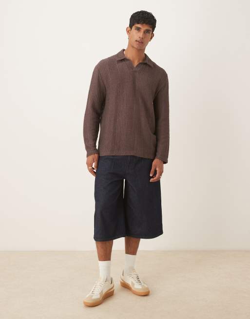 Polo marrón holgado de manga larga con cuello de pico de tejido texturizado de ASOS DESIGN , 4 de 5