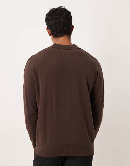 Polo marrón holgado de manga larga con muesca en el cuello de punto de ASOS DESIGN, 3 de 5