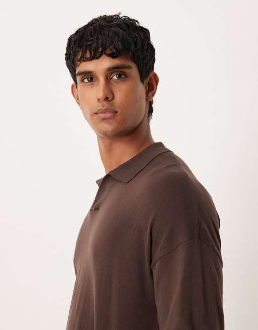 Polo marrón holgado de manga larga con muesca en el cuello de punto de ASOS DESIGN, 4 de 5