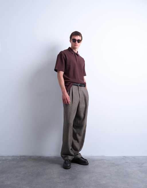 Polo marrón holgado de tejido entrelazado texturizado de Topman, 4 de 5
