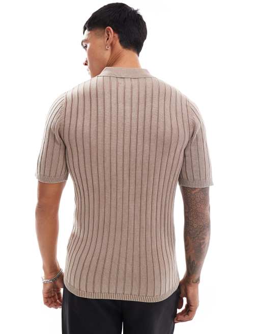 Polo marrón lavado ajustado de canalé ancho de ASOS DESIGN , 2 de 4