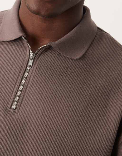 Polo marrón medio de manga larga de tejido texturizado de New Look, 3 de 4