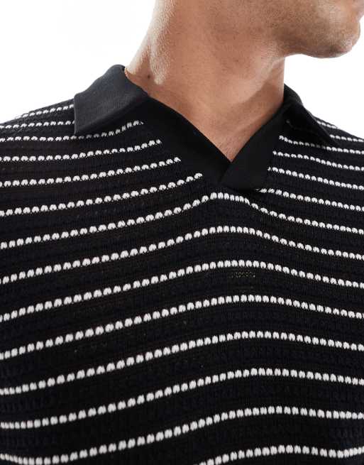 Polo negro a rayas blancas de corte cuadrado holgado de tejido texturizado de ASOS DESIGN , 3 de 4