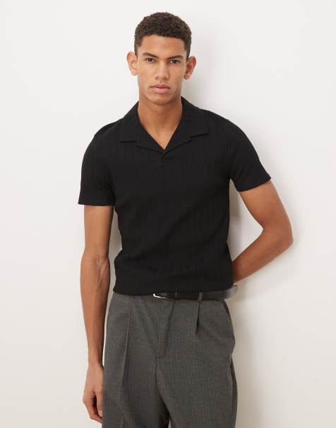 Polo negro ajustado con cuello de solapas de canalé grueso de ASOS DESIGN - view 1