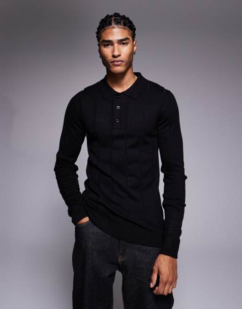 Polo negro ajustado de punto acanalado de River Island - view 1