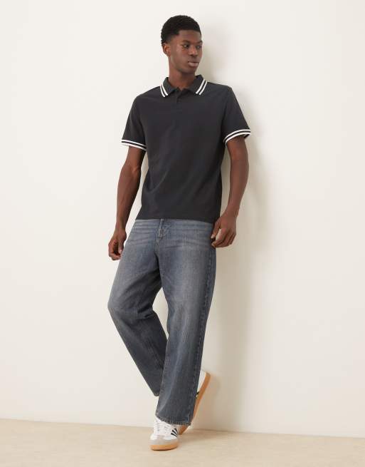 Polo negro básico con ribetes blancos de piqué de ASOS DESIGN, 2 de 5
