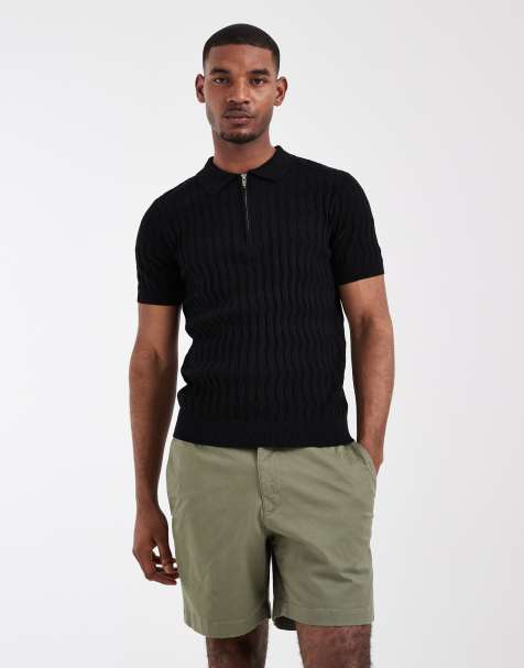 Polo negro con cremallera corta y diseño de rombos de algodón egipcio de CAPO - view 1