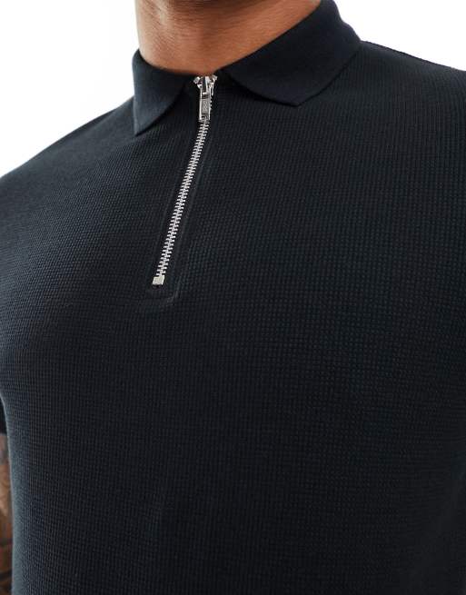 Polo negro con cremallera de punto de arroz de ASOS DESIGN, 4 de 4