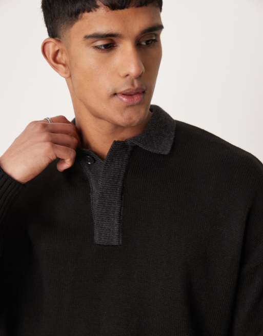 Polo negro de corte cuadrado extragrande con solapas gris carbón en contraste de punto de ASOS DESIGN, 2 de 4