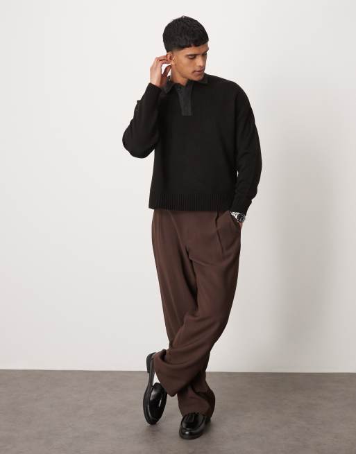 Polo negro de corte cuadrado extragrande con solapas gris carbón en contraste de punto de ASOS DESIGN, 3 de 4