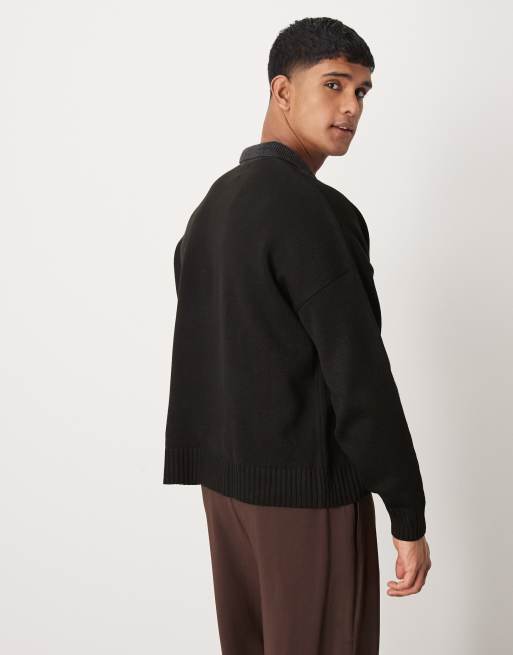 Polo negro de corte cuadrado extragrande con solapas gris carbón en contraste de punto de ASOS DESIGN, 4 de 4