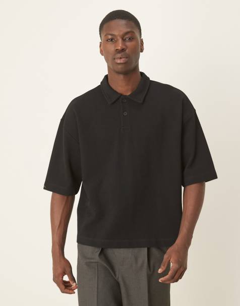 Polo negro de corte cuadrado extragrande de tejido grueso de piqué de ASOS DESIGN - view 1