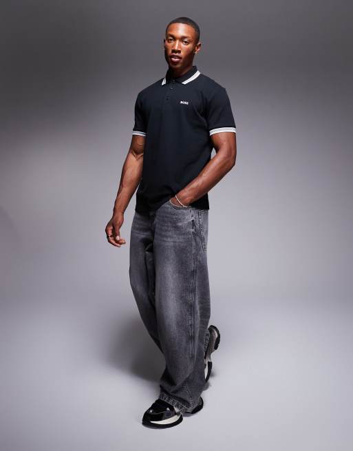 Polo negro de corte estándar con ribete y logo de piqué Paddy de BOSS Green, 3 de 4