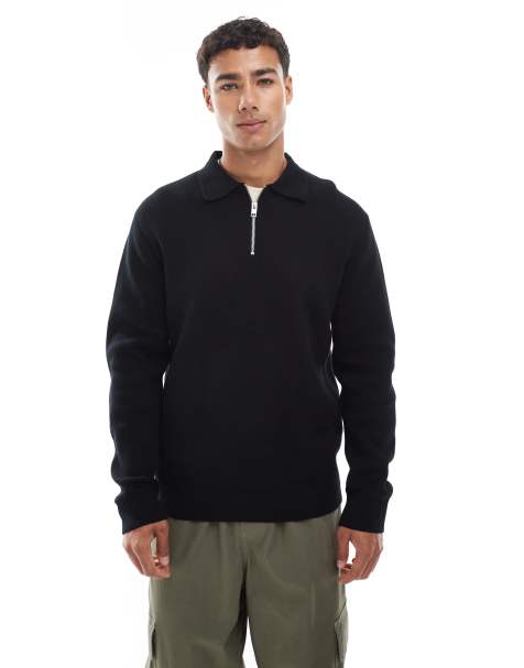 Polo negro de manga larga con cremallera corta de punto de Jack & Jones Premium - view 1