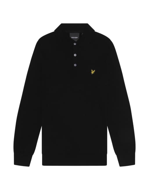 Polo negro de manga larga de punto de algodón y lana de merino de Lyle & Scott , 2 de 7