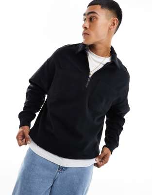 Polo negro extragrande estilo rugby de felpa de ASOS DESIGN