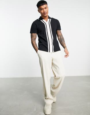 Polo negro holgado con cinta color crema y cuello de solapas de ASOS DESIGN