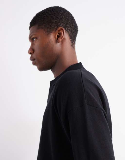 Polo negro holgado de manga larga con muesca en el cuello de punto de ASOS DESIGN, 4 de 5