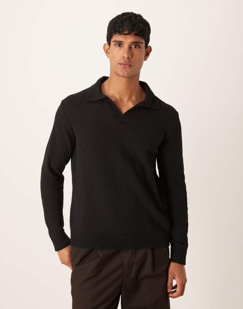Polo negro holgado de manga larga con muesca en el cuello de punto texturizado de ASOS DESIGN - view 1