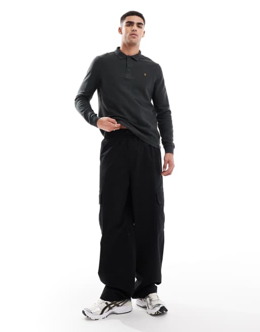 Polo negro lavado de manga larga con solapas de jacquard Shasta de Farah