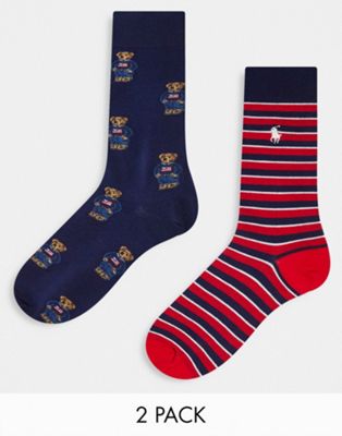 Polo Ralph Lauren 2 pack all over bear socks/stripe in navy, red
