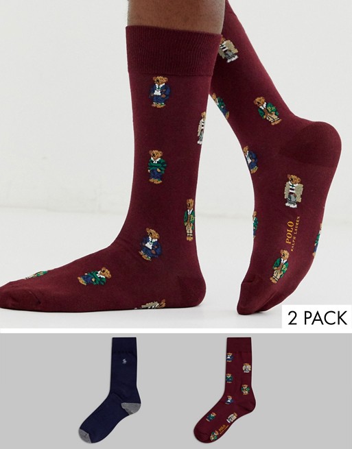 Polo Ralph Lauren 2 pack bear socks in burgundy/navy