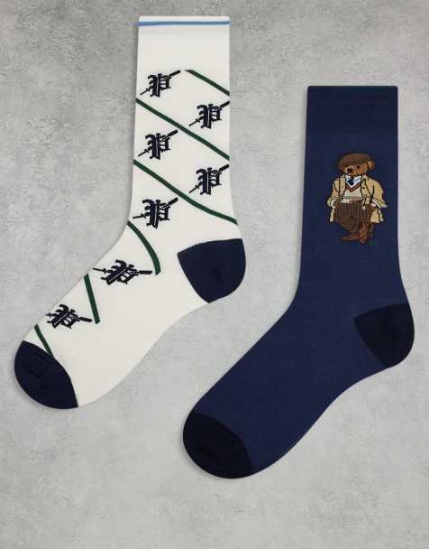 Polo Ralph Lauren 2 pack bear socks in navy and cream - view 1