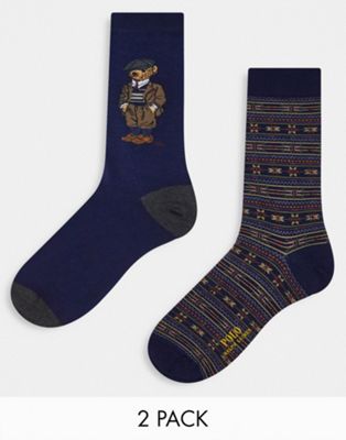 Polo Ralph Lauren 2 pack bear socks with print in navy