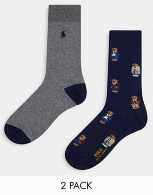 Polo Ralph Lauren 2 pack socks in navy, grey with all over bear print