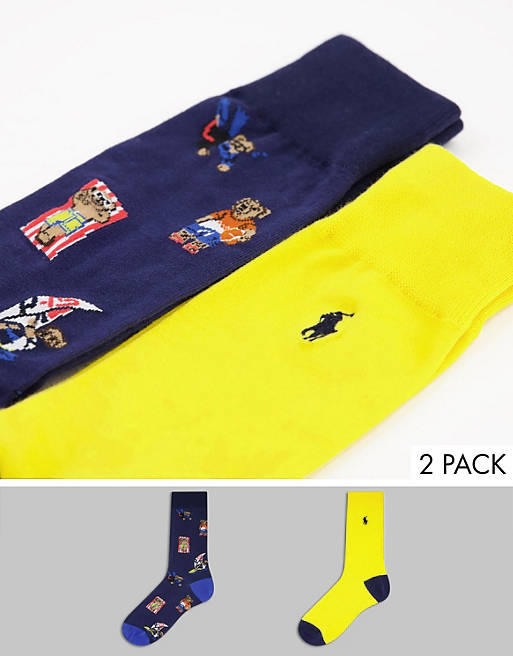 Polo Ralph Lauren 2 pack socks in navy/yellow with all over bears