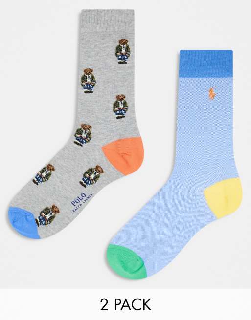 Polo Ralph Lauren – 2er-Pack Socken in Blau und Grau mit All-over-Bear-Logomuster