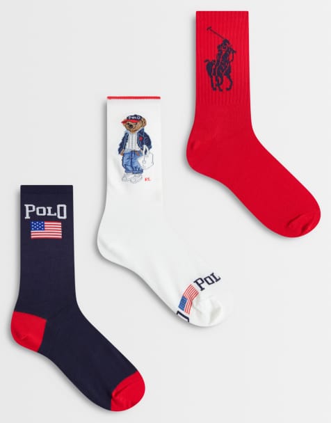 Polo Ralph Lauren 3 pack bear socks gift box in navy, white and red - view 1