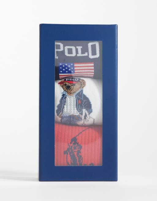 Polo Ralph Lauren 3 pack bear socks gift box in navy, white and red, 2 of 3