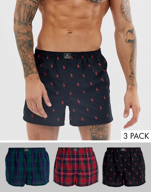 Polo Ralph Lauren 3 pack check/all over print woven boxer in black/red