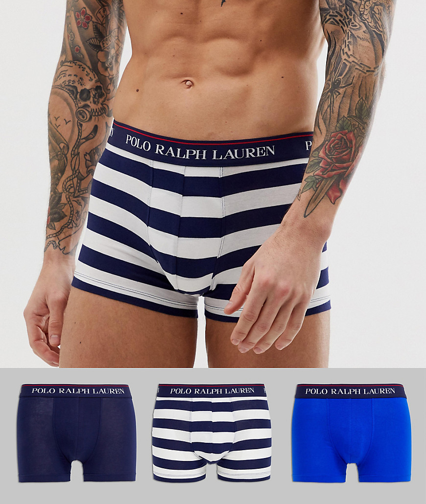 Polo Ralph Lauren 3 pack classic trunks with navy logo waistband in navy / blue / navy and white stripe