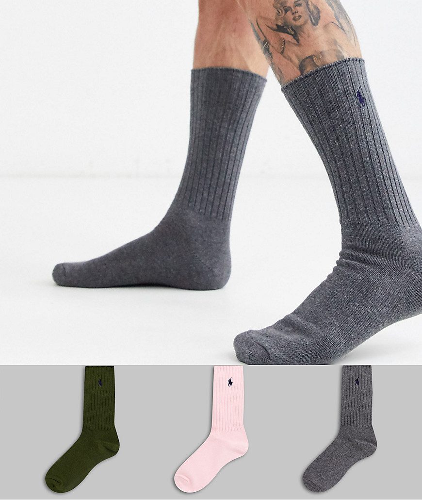 Polo Ralph Lauren 3 pack cotton rib socks in olive/pink/grey-Green