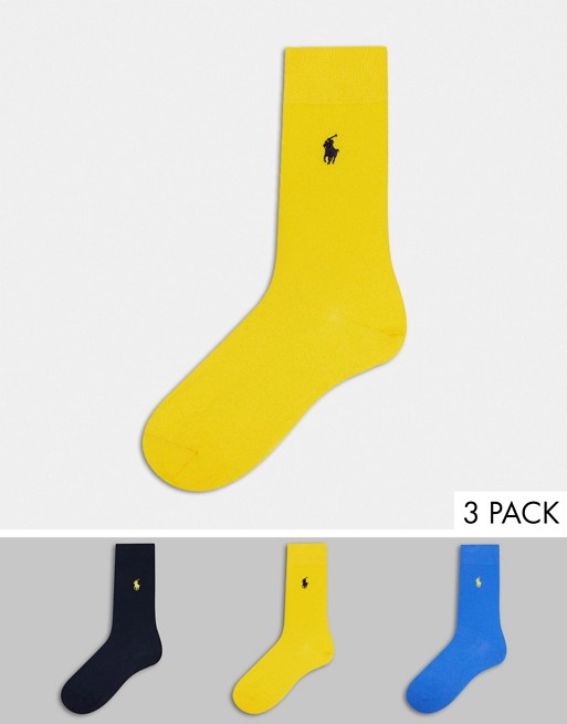 Polo Ralph Lauren 3 pack cotton socks in yellow/blue/navy with pony logo