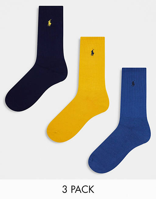 Polo Ralph Lauren 3 pack cotton socks in yellow navy blue | ASOS
