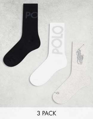 Polo Ralph Lauren 3 pack crew socks with logo in white grey black-Multi