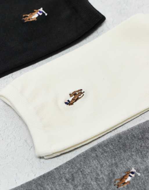 Polo Ralph Lauren 3 pack crew socks with pony logo in black cream grey, 3 of 3