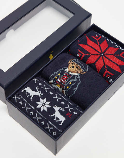 Polo Ralph Lauren 3 pack holiday socks gift box with bear logo in navy