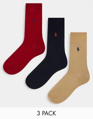 Polo Ralph Lauren 3 pack mercerized cotton socks in red, beige, navy with pony logo - ASOS Price Checker