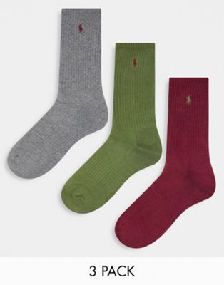 Polo Ralph Lauren 3 pack mercerized cotton socks in burgundy, grey and green with logo