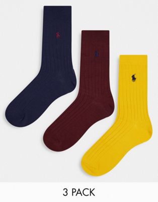 Polo Ralph Lauren 3 pack mercerized cotton socks in red, navy, yellow with logo