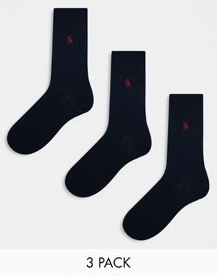Polo Ralph Lauren 3 pack mercerized cotton socks with logo in navy