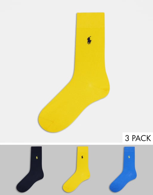 Polo Ralph Lauren 3 pack of cotton socks in yellow/blue/navy with pony logo  | ASOS