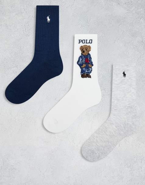 Polo Ralph Lauren 3 pack of socks with bear and icon logo in grey, white and navy - view 1