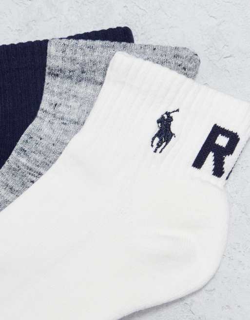 Polo Ralph Lauren 3 pack quarter length socks in grey, white, navy with  pony NYC logo