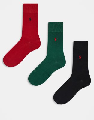 Polo Ralph Lauren 3 pack ribbed socks with logo in black/red/green-White